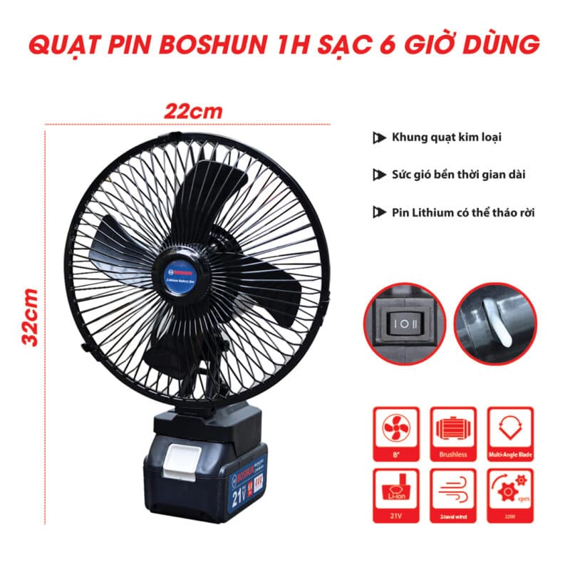 Quạt 8Inch Boshun 2 Tốc Độ, Quay 180°, Sử Dụng Liên Tục 10 Tiếng, Bảo Hành 12 Tháng — CHẤT LIỆU BỀN BỈ CHẮC CHẮN