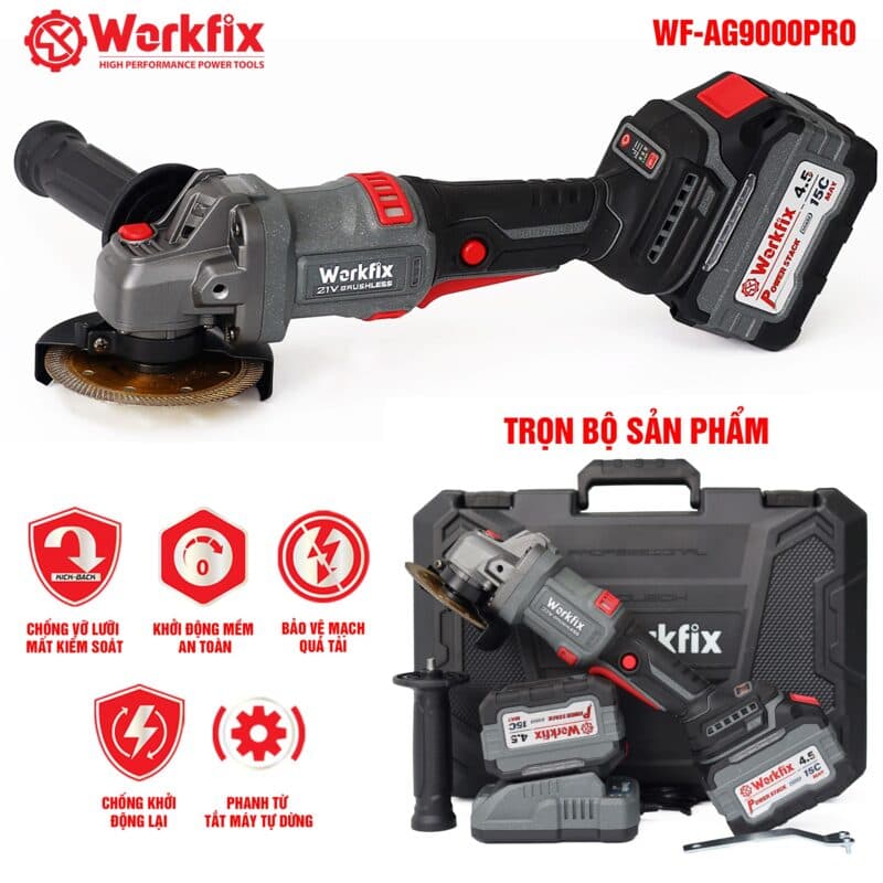 Máy mài pin WORKFIX WF-AG9000ATC có Anti-Kick Back, Không chổi than, 3 Tốc độ, 5 Tính năng an toàn — ĐA CHỨC NĂNG
