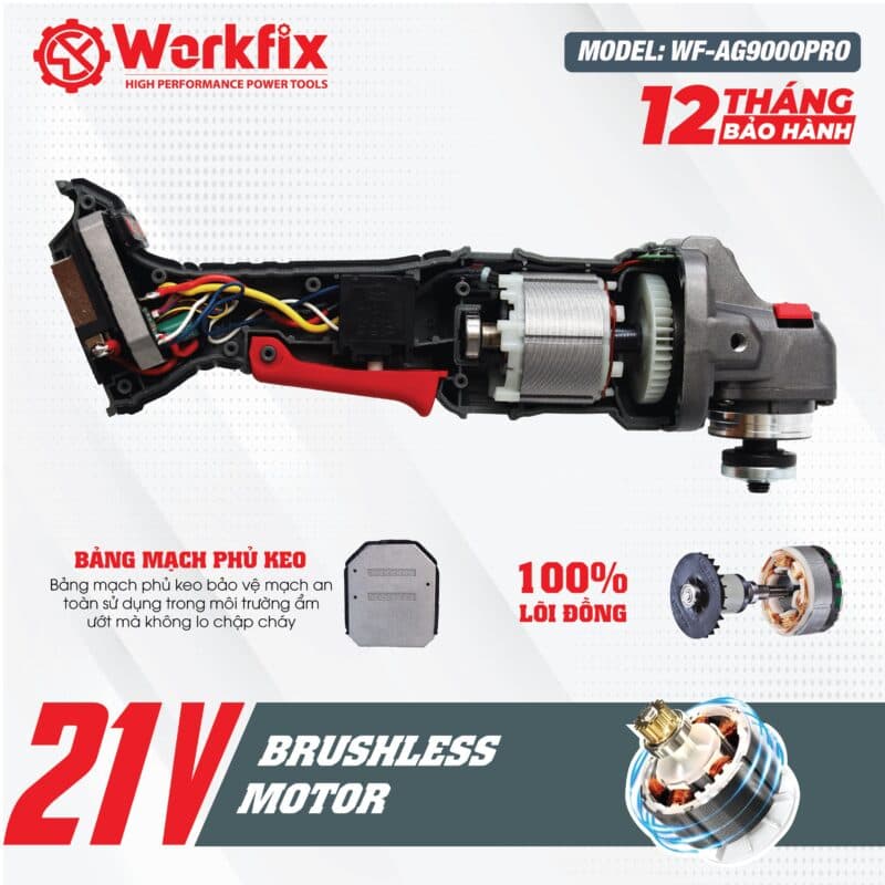 Máy mài pin WORKFIX WF-AG9000ATC có Anti-Kick Back, Không chổi than, 3 Tốc độ, 5 Tính năng an toàn — KHÔNG CHỔI THAN – LÕI ĐỒNG