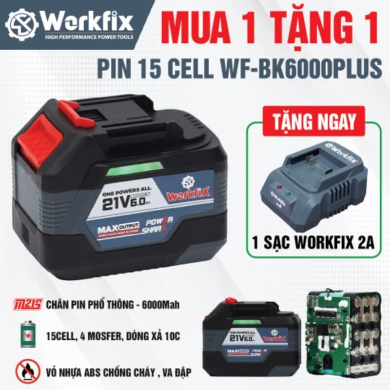 Pin 15 Cell WORKFIX WF-BK6000PLUS, Tặng sạc 2.0A, Mạch 6 mosfed, Dòng xả cao 10C — TẶNG SẠC NGAY SẠC 2A