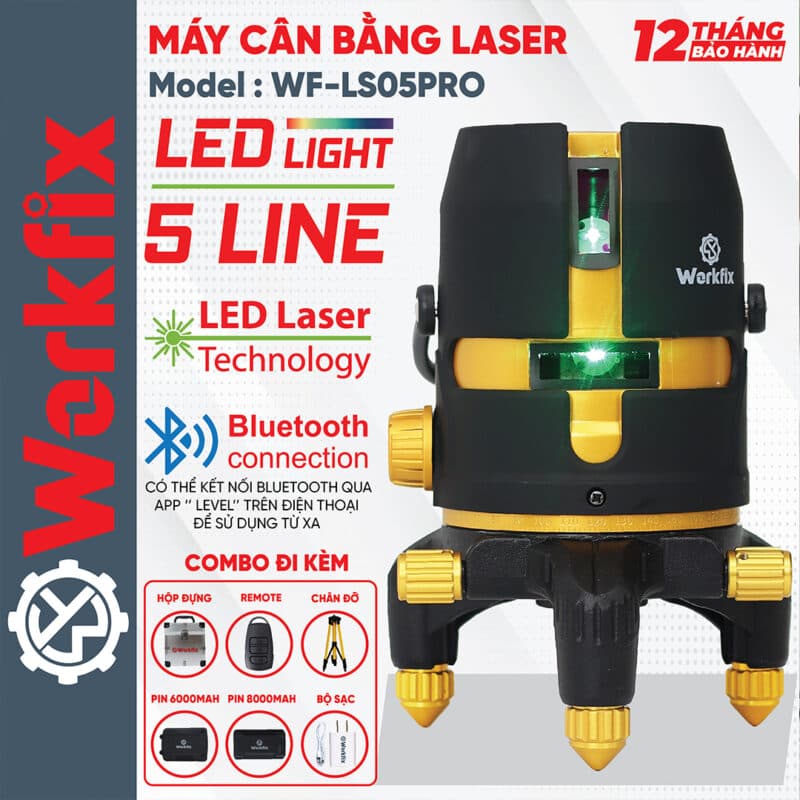 Máy Cân Bằng Laser 5 Tia Xanh, Có điều khiển từ xa, WORKFIX WF-LS0501X — CÓ ĐIỀU KHIỂN TỪ XA BẰNG BLUETOOTH