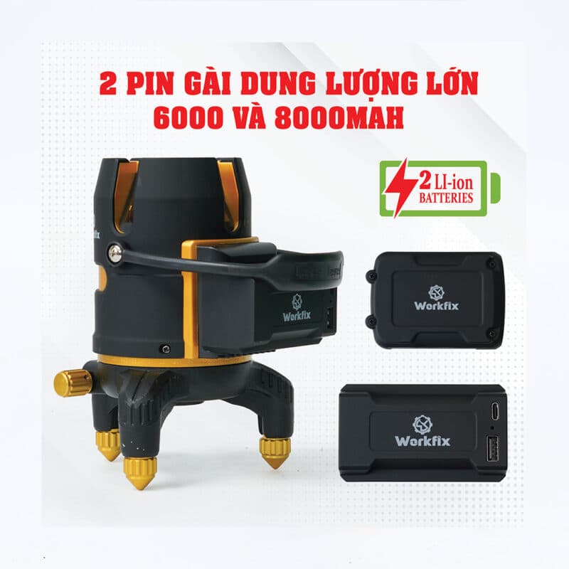 Máy Cân Bằng Laser 5 Tia Xanh, Có điều khiển từ xa, WORKFIX WF-LS0501X — 2 PIN DUNG LƯỢNG LỚN