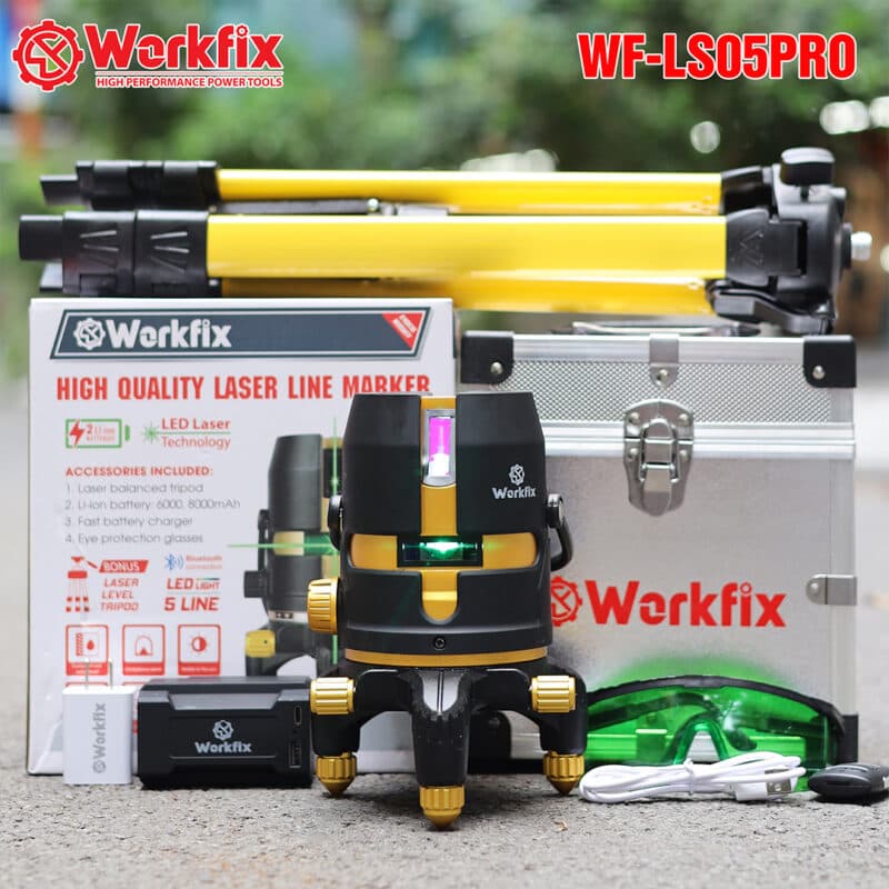 Máy Cân Bằng Laser 5 Tia Xanh, Có điều khiển từ xa, WORKFIX WF-LS0501X — TRỌN BỘ MÁY CÂN BẰNG LASER WORKFIX