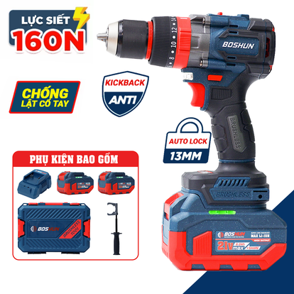 Máy khoan pin Boshun BS-ID160PRO, đầu kẹp Autolock 13mm, lực siết 160N.m, 3 chức năng, tắt mở anti kickback