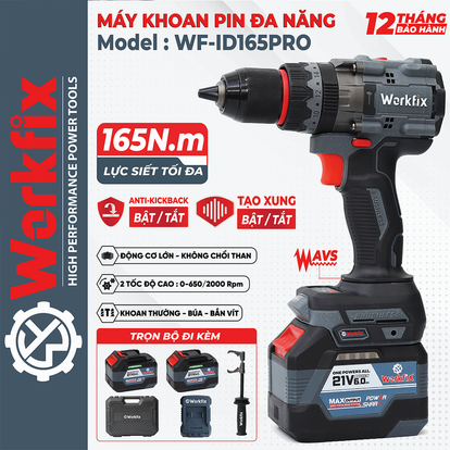 Máy khoan pin Workfix WF-ID165PRO, lực 165N, chống lật cổ tay, giảm chấn AVS