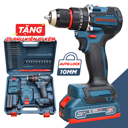 Máy Khoan Pin Boshun BS-ID1065BL, Đầu Kẹp 10mm Kèm 2 Pin 2.0Ah