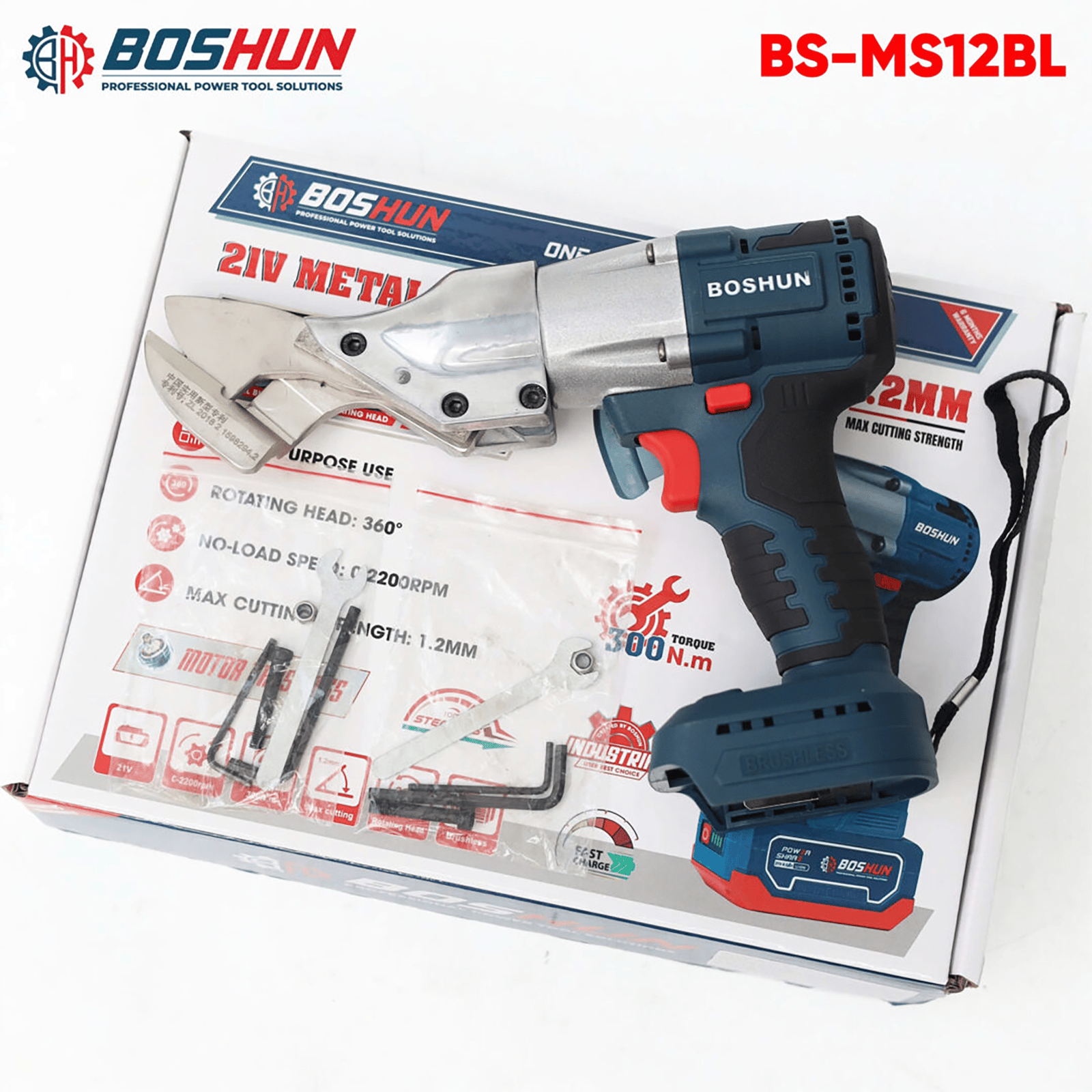 Máy cắt tôn cầm tay Boshun BS-MS12BL, góc cắt 360 độ khả năng cắt 1,2mm, động cơ không chổi than