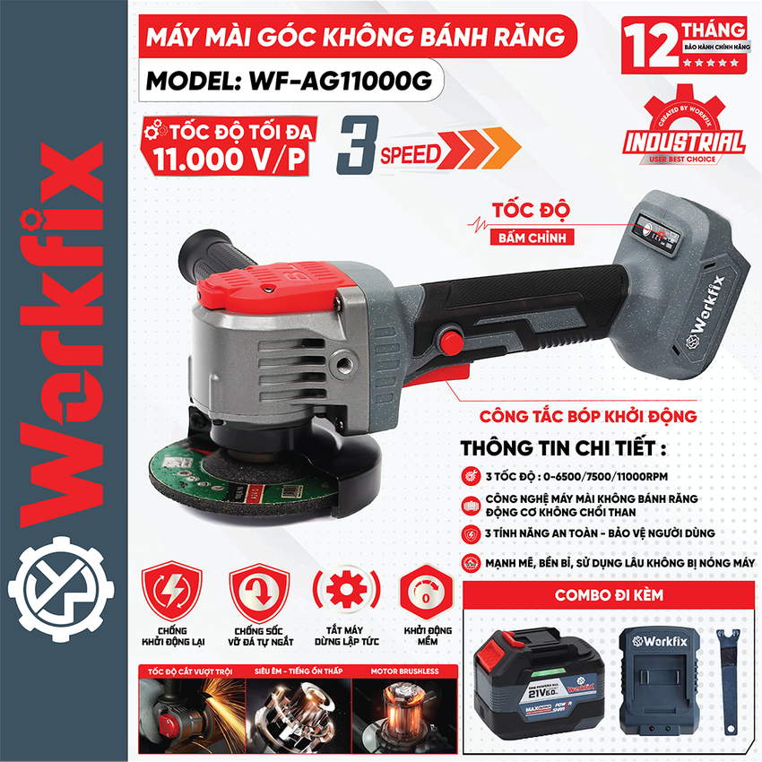 Máy mài góc Workfix WF-AG11000G (Trục M10) - 3 Tốc độ, Chống lật cổ tay - image 1