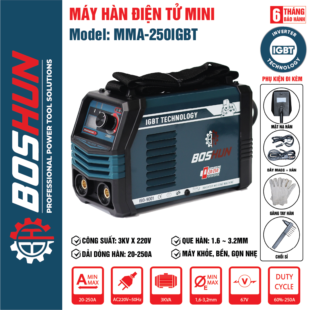Máy hàn điện tử mini Boshun MMA-250IGBT - Công nghệ Inverter tiết kiệm điện - image 1
