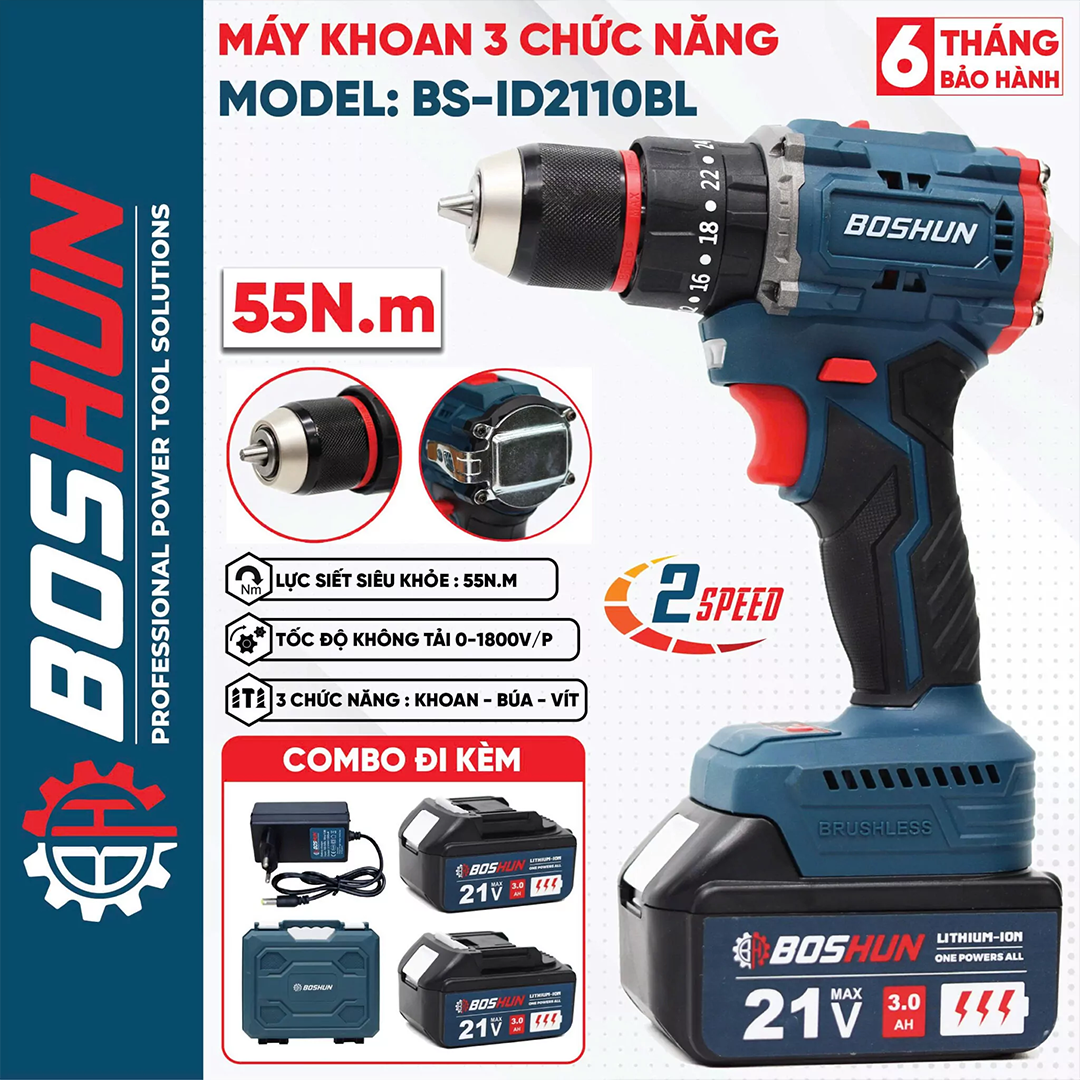 Máy khoan pin Boshun BS-ID2110BL (55N.m) - Đầu kẹp Autolock 10mm - image 1