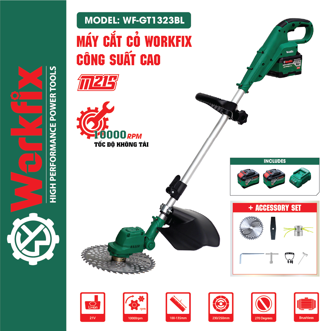 Máy cắt cỏ pin Workfix WF-GT1323BL (Lưỡi 250mm) - Thân dài 130cm - image 1